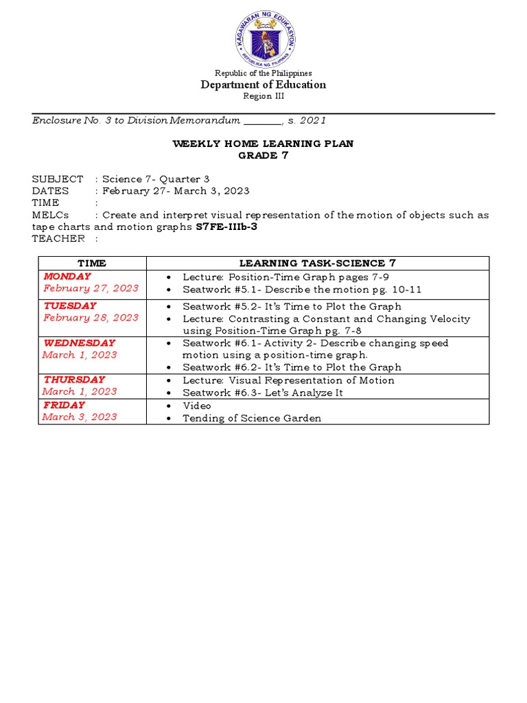Grade 7 Science Weekly Learning Plan | PDF