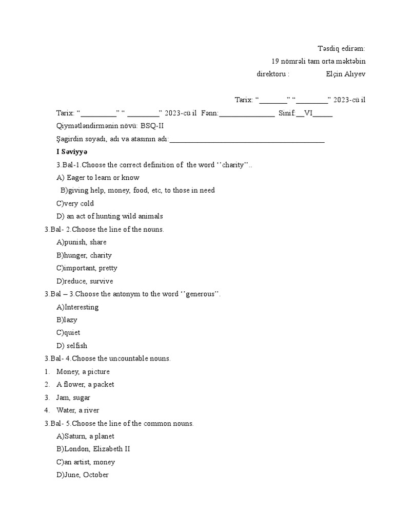 6 Cı Sinif Bsq 2 Pdf Noun Linguistic Typology
