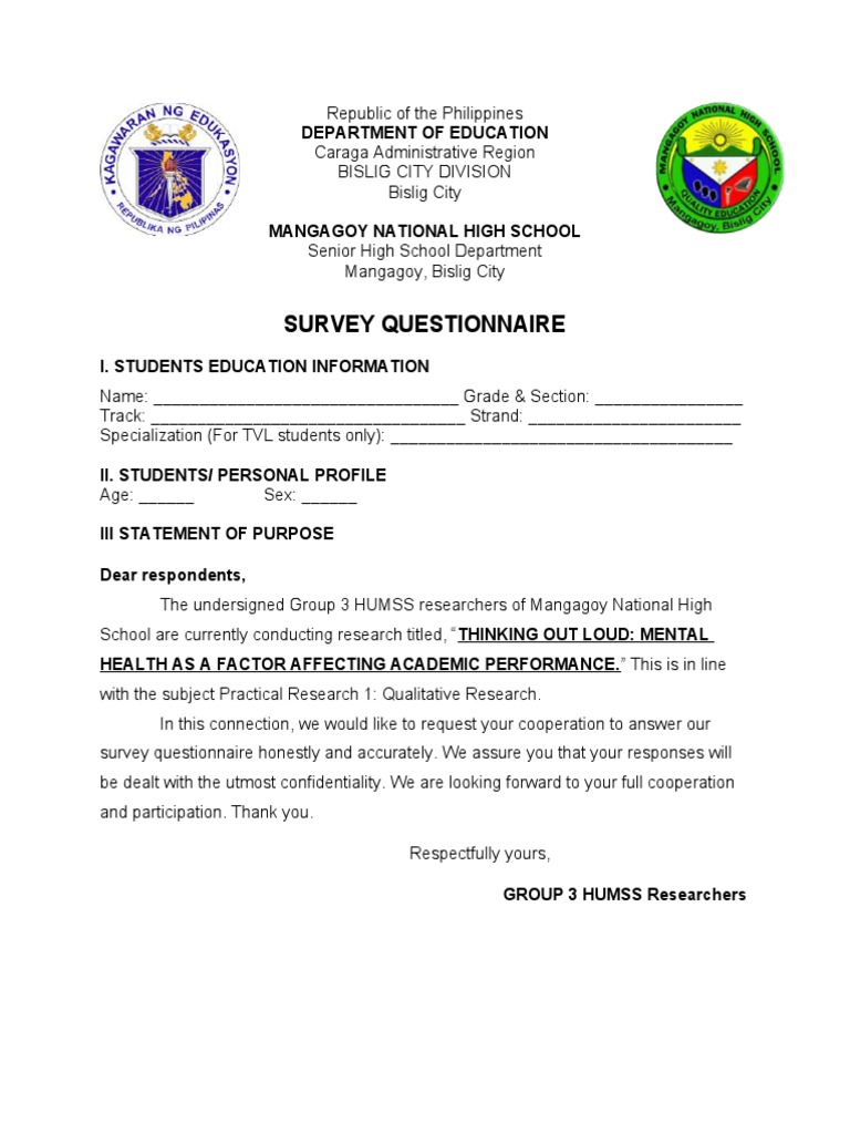 Survey Questionnaire | PDF | Mental Health | Psychology
