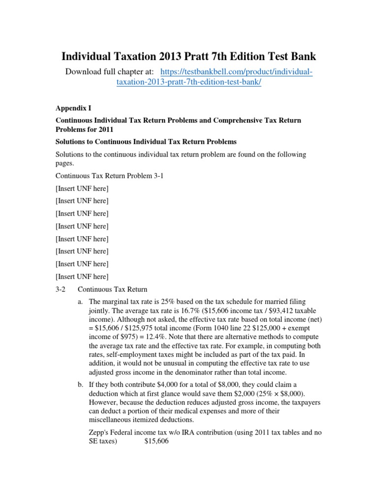 Individual Taxation 2013 Pratt 7th Edition Test Bank PDF Tax