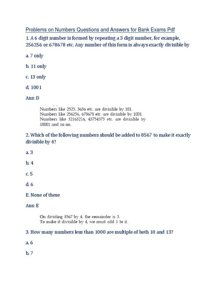 Problems Numbers Questions Bank Exams PDF