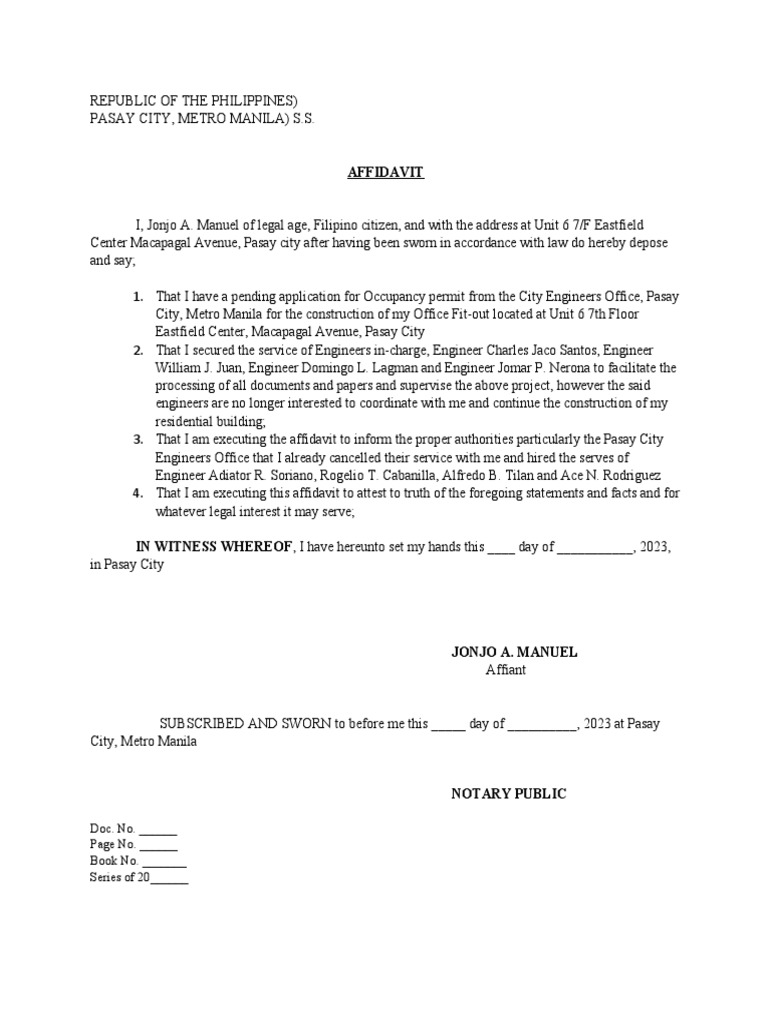 Affidavit of Change of Project Engineer | PDF | Law