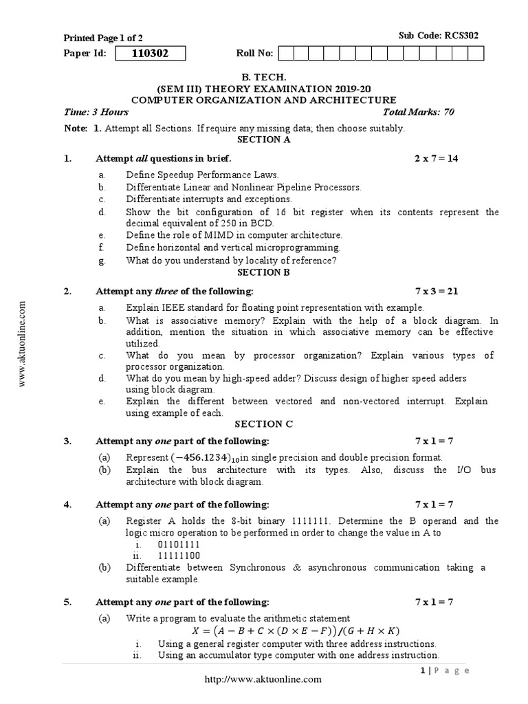 Btech Cs 3 Sem Computer Organization and Architecture rcs302 2020 | PDF ...