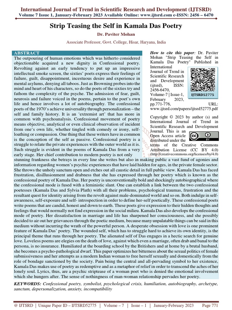 Strip Teasing The Self in Kamala Das Poetry PDF Psychology