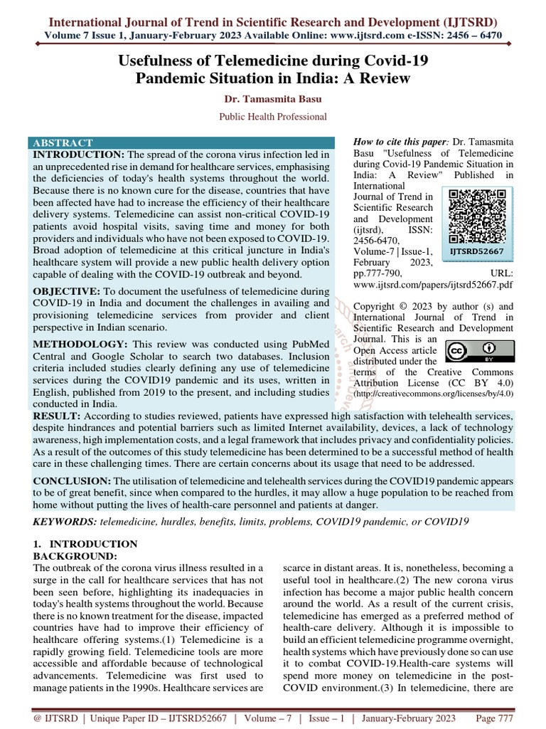 Usefulness of Telemedicine During Covid 19 Pandemic Situation in India ...