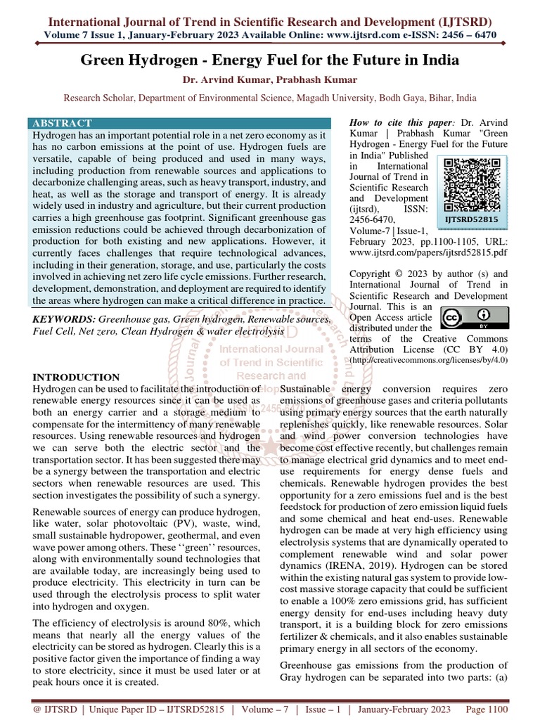 Green Hydrogen Energy Fuel For The Future in India | PDF | Renewable ...