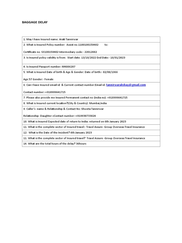 Baggage Delay Claim Enquiry Form | PDF | Insurance | Service Industries