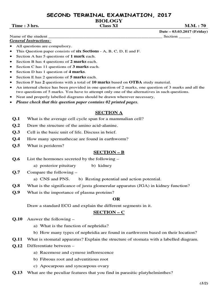Second Terminal Examination, 2017 Biology PDF Anatomy Medical