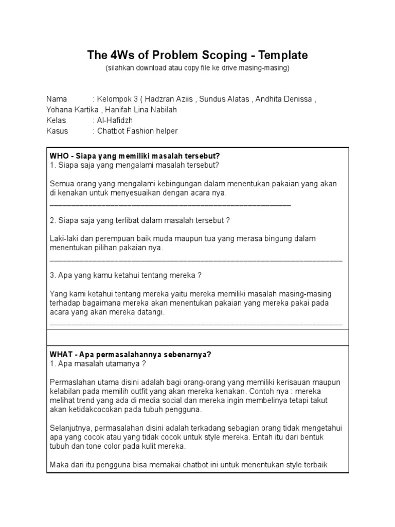 Kelompok 3 The 4Ws of Problem Scoping - Template | PDF | Bisnis