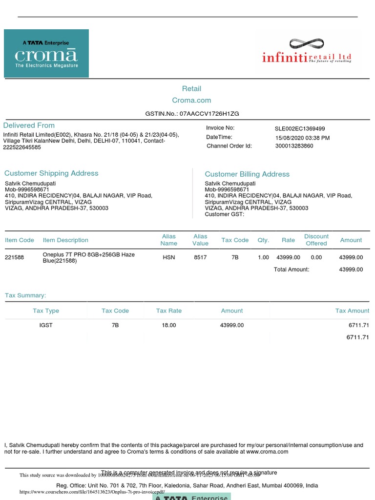 Croma Invoice for OnePlus 7T Pro | PDF | Taxes | Payments