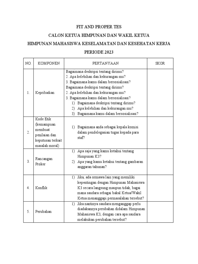 Contoh Fit and Proper Test K3 2023 | PDF