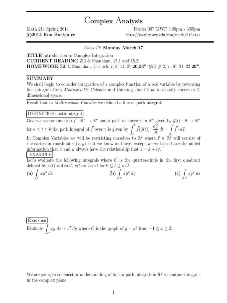 Omplex Nalysis: C 2014 Ron Buckmire | PDF | Curve | Integral
