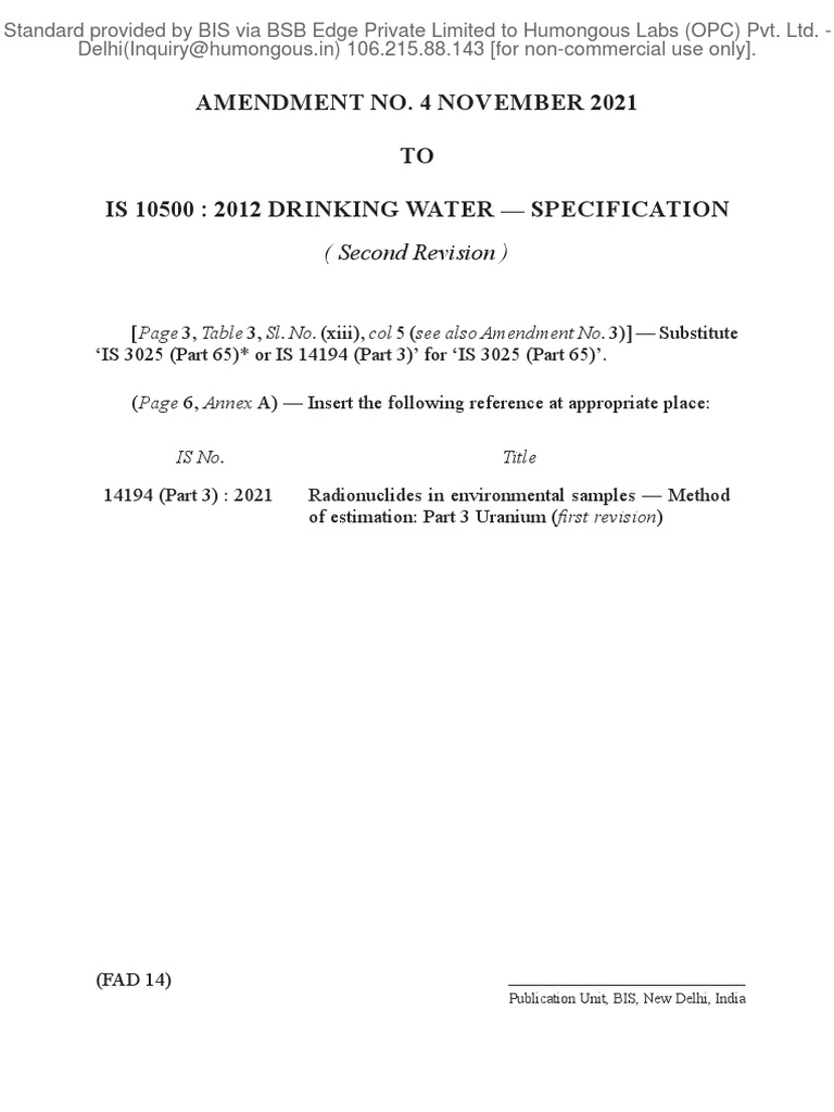 Amendment no 4 november 2021 to is 10500 2012 drinking water