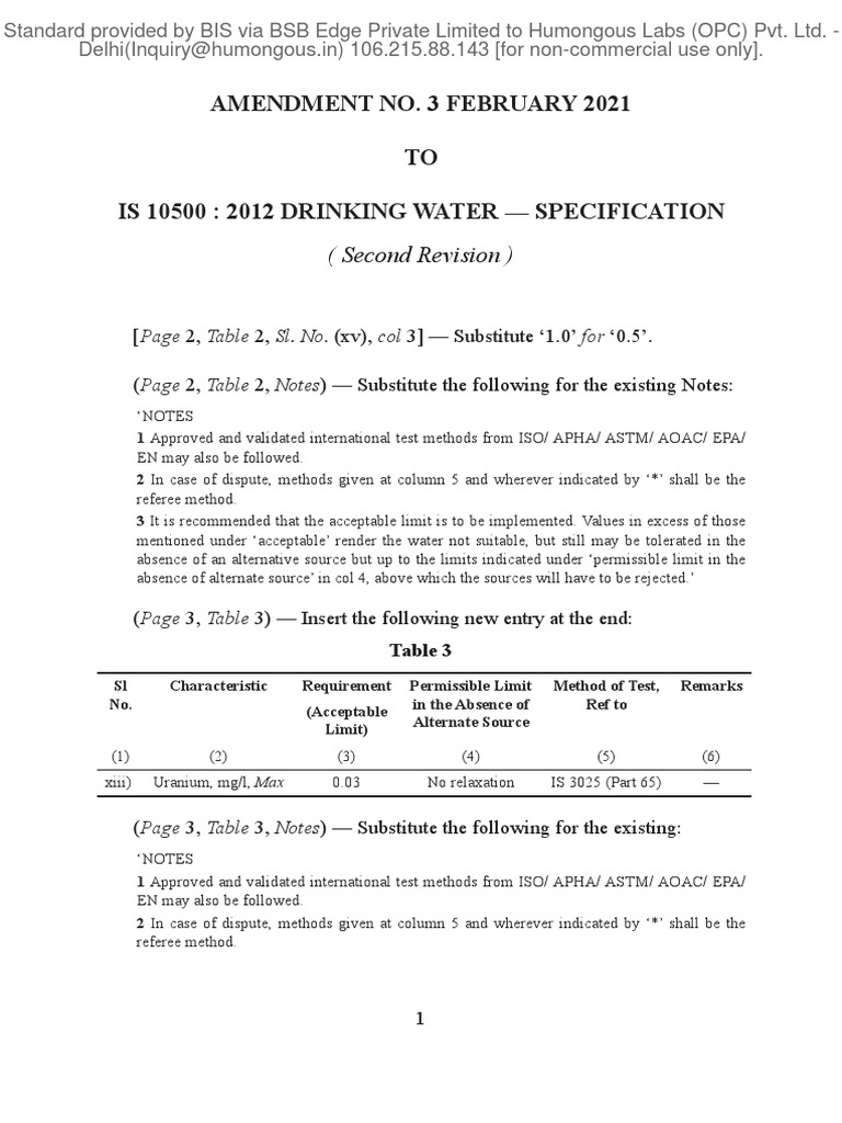 Amendment no 3 february 2021 to is 10500 2012 drinking water