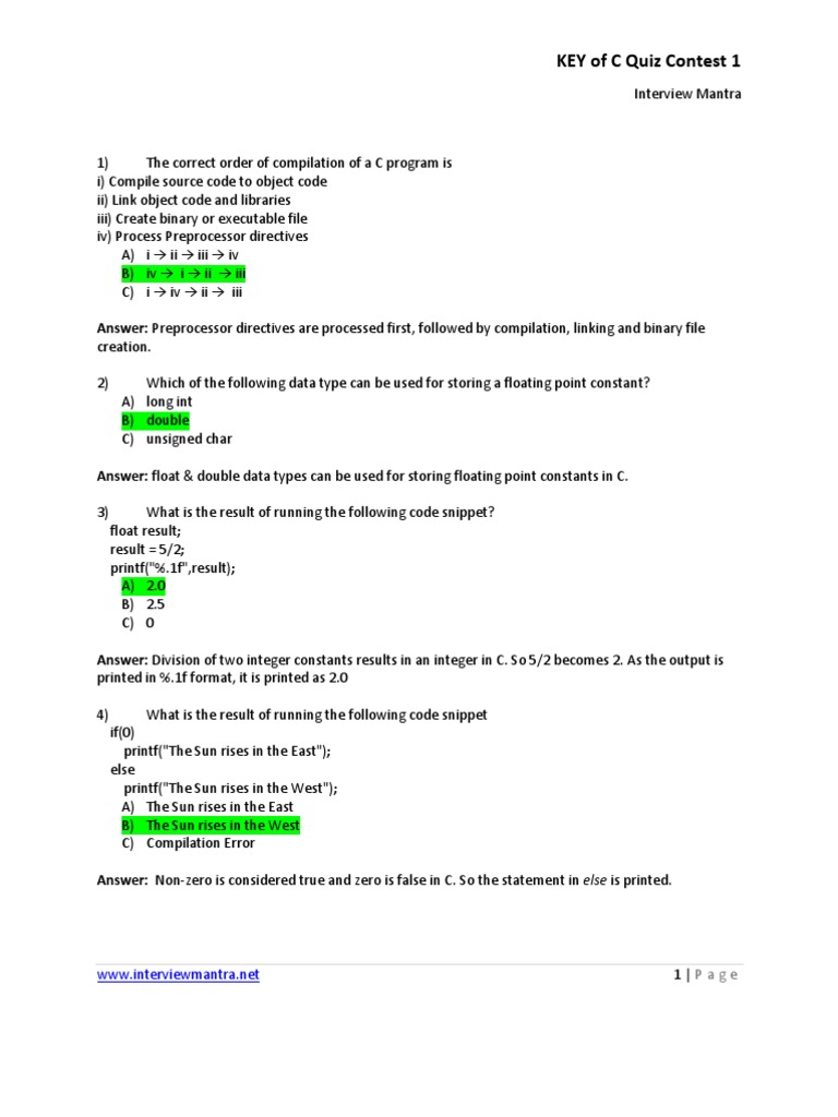 Key for a quiz in c language pdf c programming language control