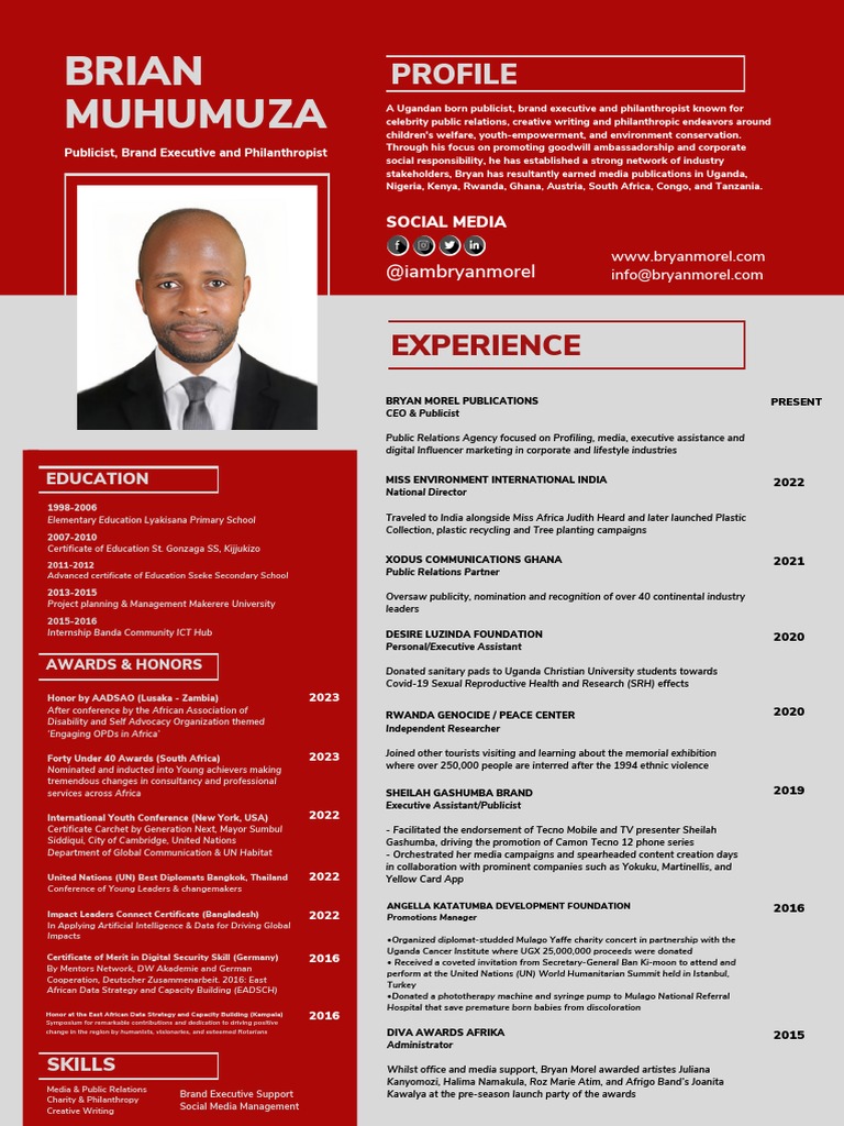 A Global Citizen Resume: Brian Muhumuza Morel | PDF | Public Relations ...