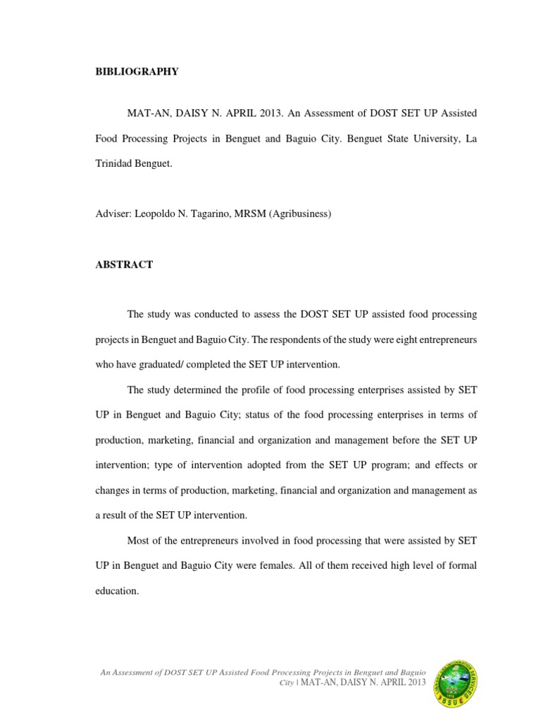 An assessment of dost set up assisted food processing projects in
