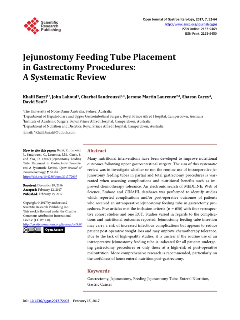 Jejunostomy Feeding Tube Placement in Gastrectomy PDF Surgery Systematic Review