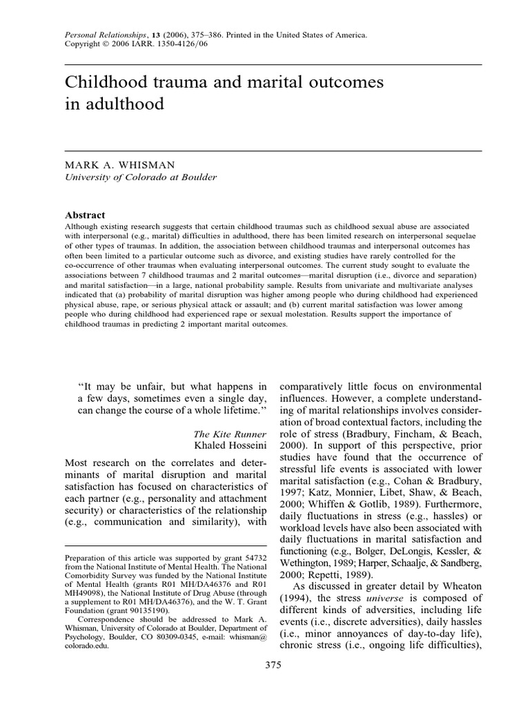 Childhood Trauma And Marital Outcomes In Adulthood Pdf