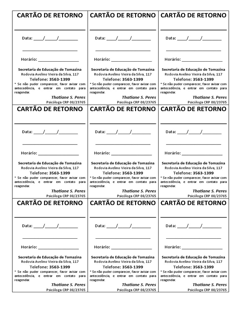 CARTÃO DE RETORNO - Tomazina | PDF