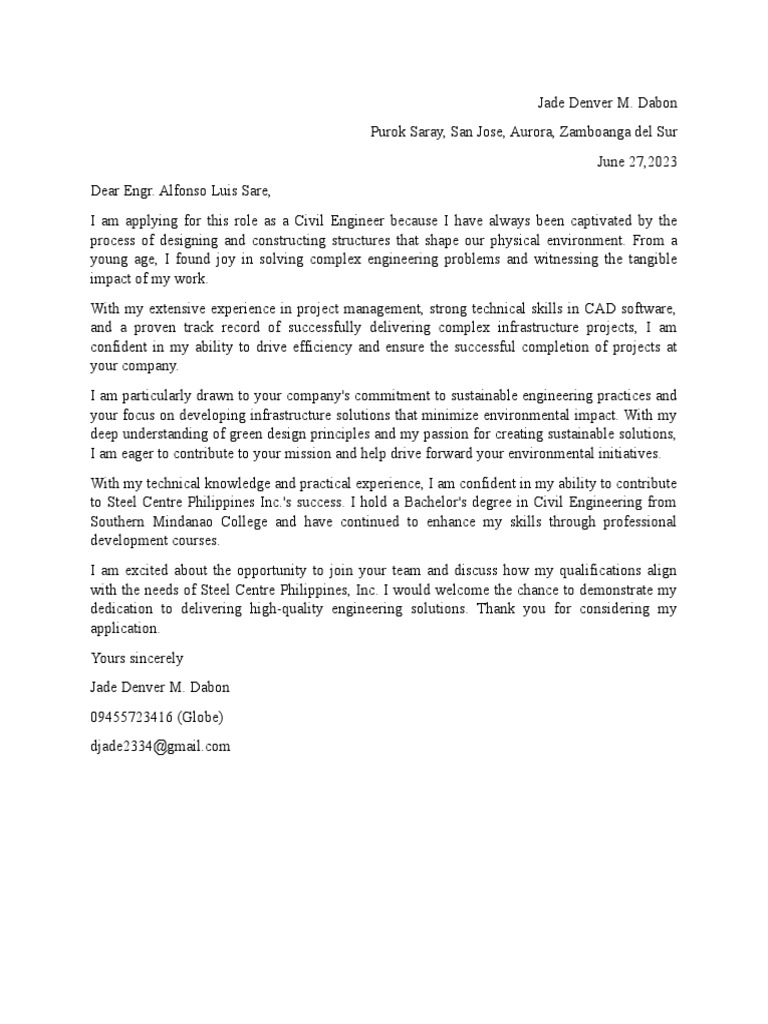 Civil Engineer Job Application Letter | PDF