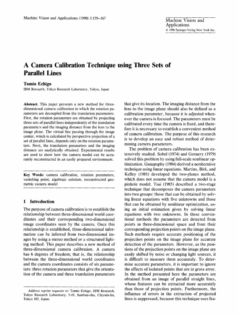 Camera Calibration Using Three Sets of Parallel Lines Echigo1990