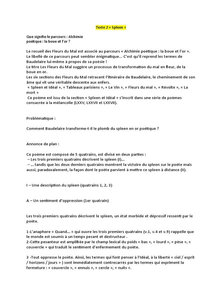 Texte Spleen LXXVIII baudelaire explication lineaire | PDF | Les Fleurs ...