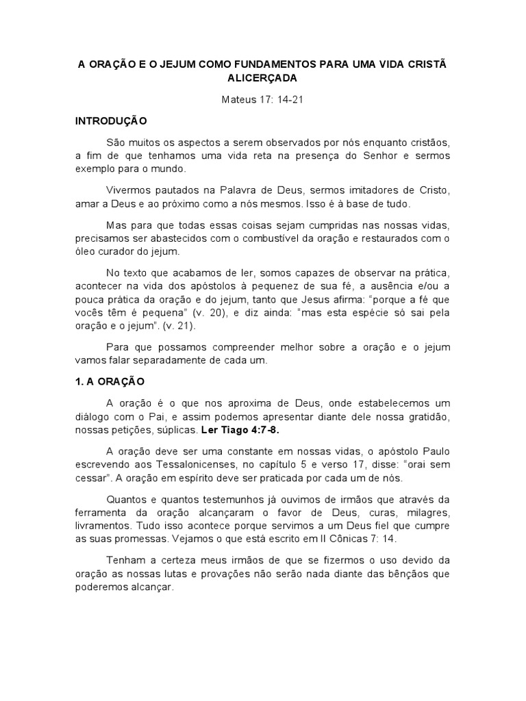 A Oração E O Jejum Como Fundamentos Para Uma Vida Cristã Alicerçada