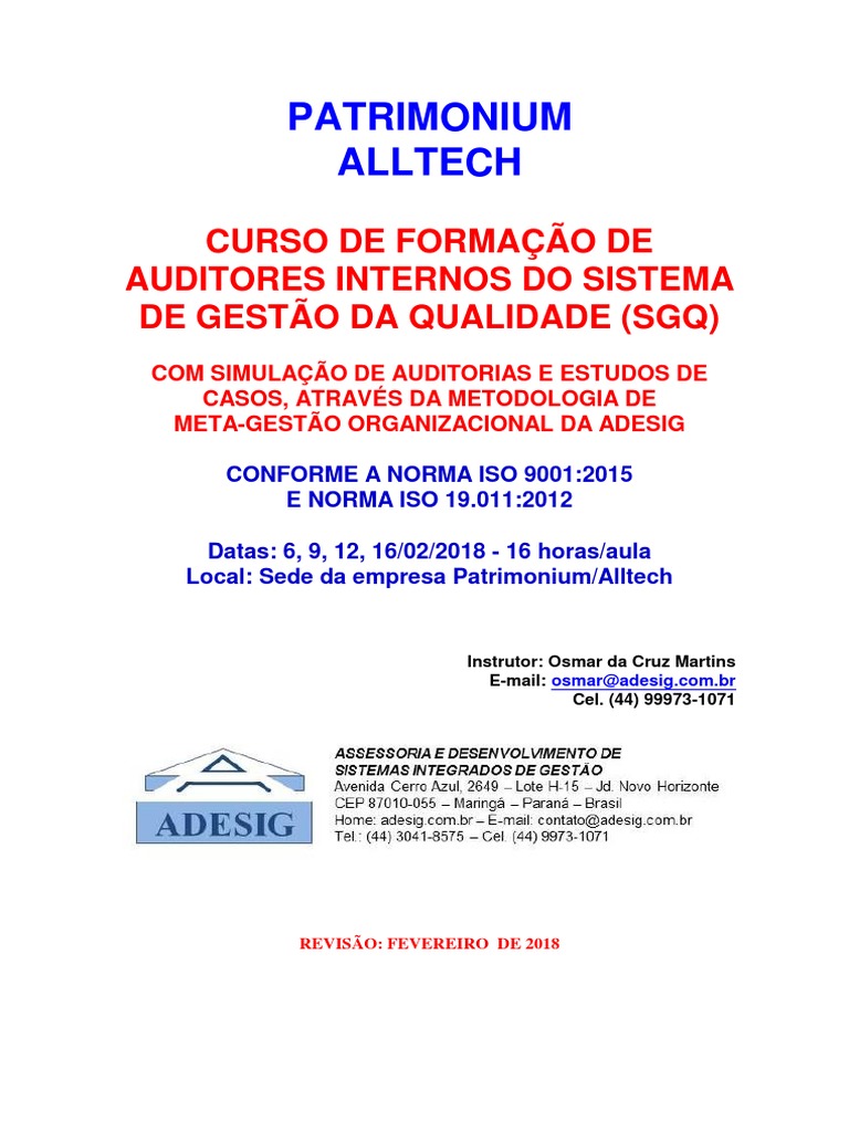 Curso de Formação em Auditoria ISO 9001 | PDF | Qualidade (negócios ...