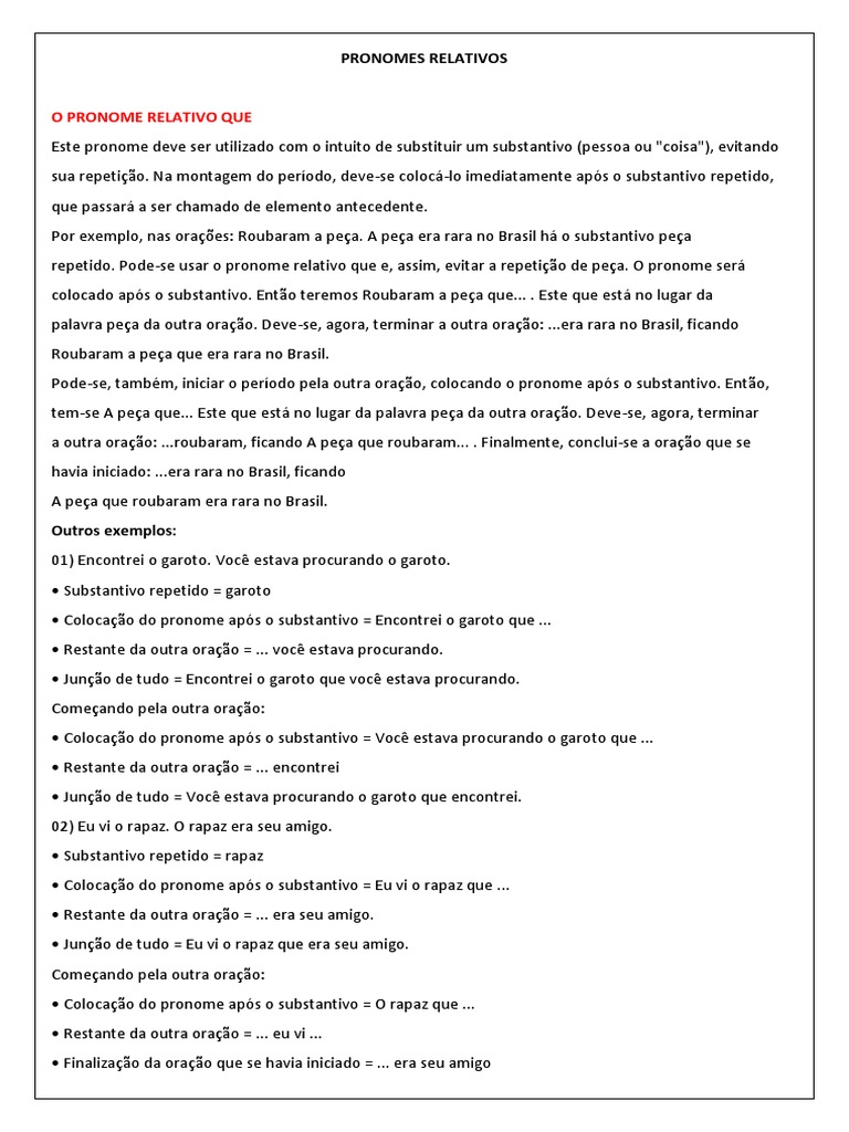 P2- PRONOMES RELATIVOS EXEMPLOS EM FRASES | PDF | Pronome | Unidades ...