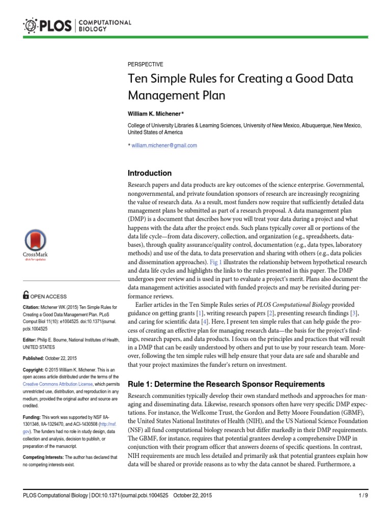 Ten Simple Rules For Creating A Good Data Management Plan: William K ...