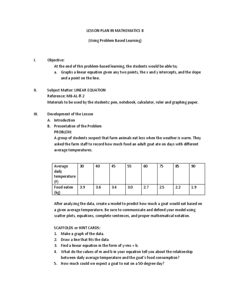 Lesson Plan in Math 8 Using Problem Based Learning | PDF | Equations ...
