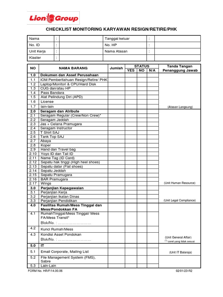 Checklist Resign Karyawan | PDF