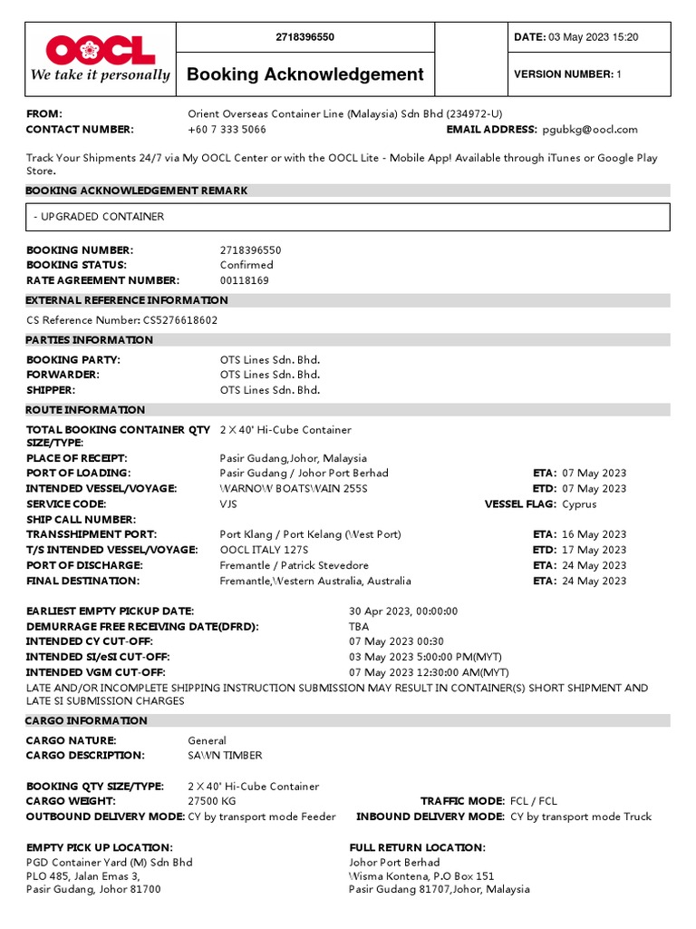 Booking Acknowledgement: 2718396550 Date | PDF | Cargo | Supply Chain ...