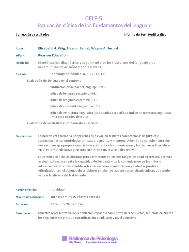 CELF-5: Evaluación del Lenguaje Infantil | PDF | Artes del Lenguaje y ...