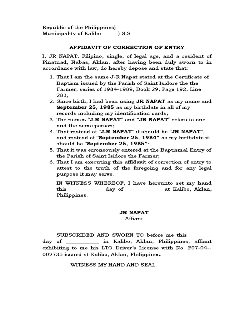 affidavit for correction of entry PDF