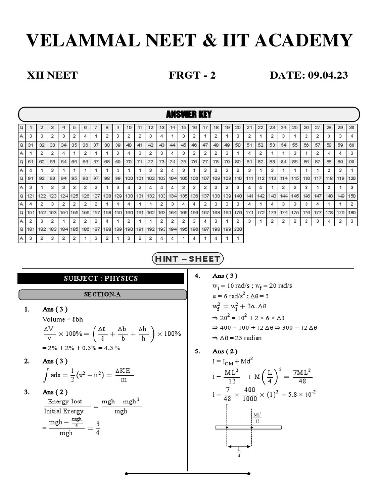 Xii Neet FRGT-02 - Key and Solutions (09.04.23) | PDF | Chemistry ...