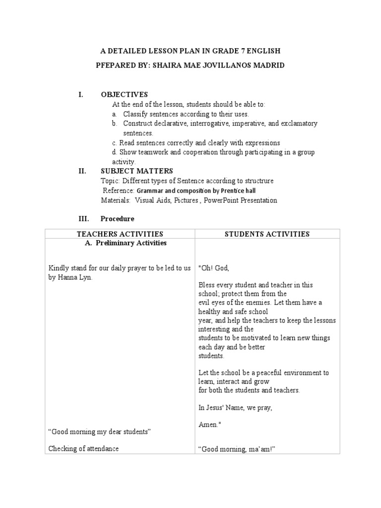 Grade 7 English Sentence Types Lesson Plan | PDF | Sentence ...