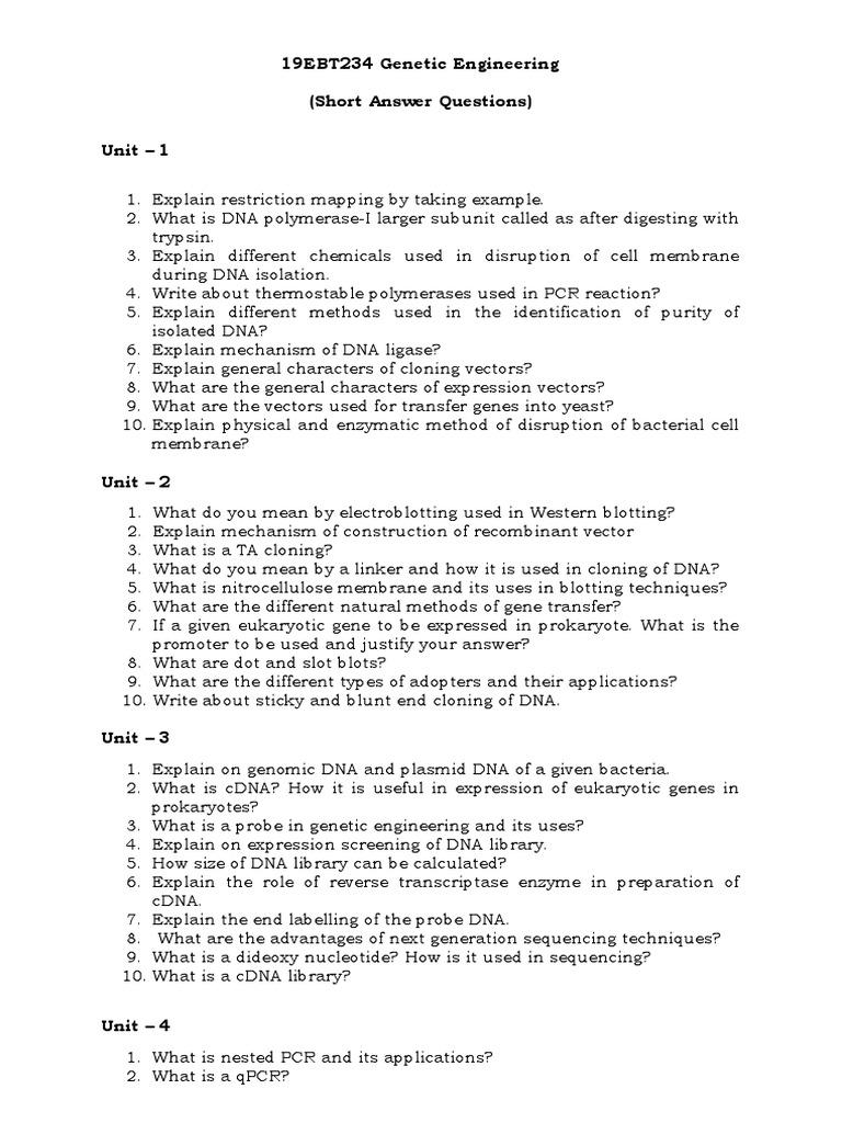 Important Questions Engineering (2) PDF Molecular Cloning Dna