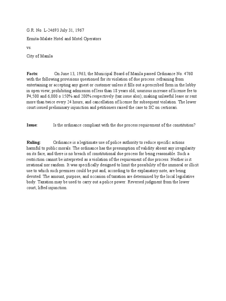 Ermita malate hotel and motel operators vs city of manila g r no l