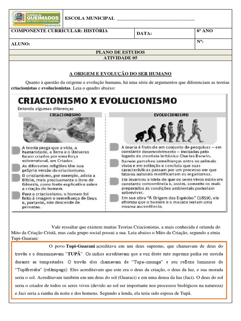 Atividade sobre Criacionismo e Evolucionismo | PDF | Criacionismo | Teoria