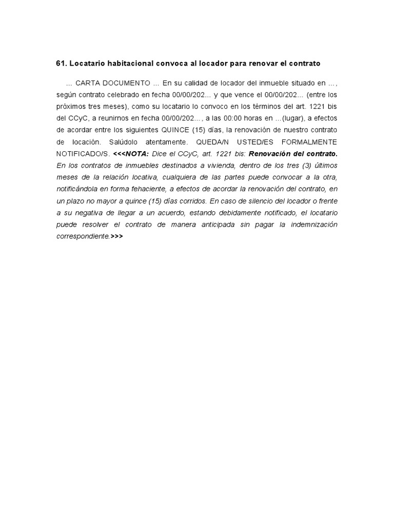 Convocatoria para renovar contrato de locación | PDF