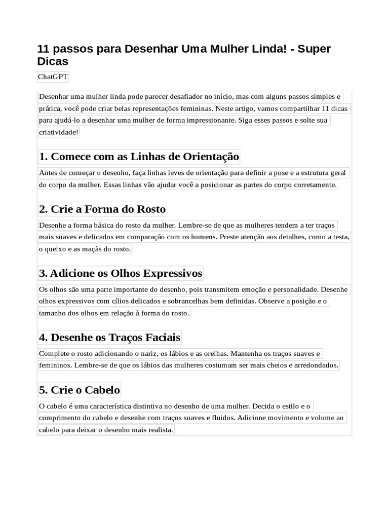 11 Passos para Desenhar Mulheres Lindas | PDF | Desenho | Cabelo, image size:768x1024