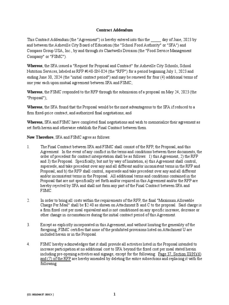 Contract Agreement With Compass Group USA, Inc. Chartwells Division