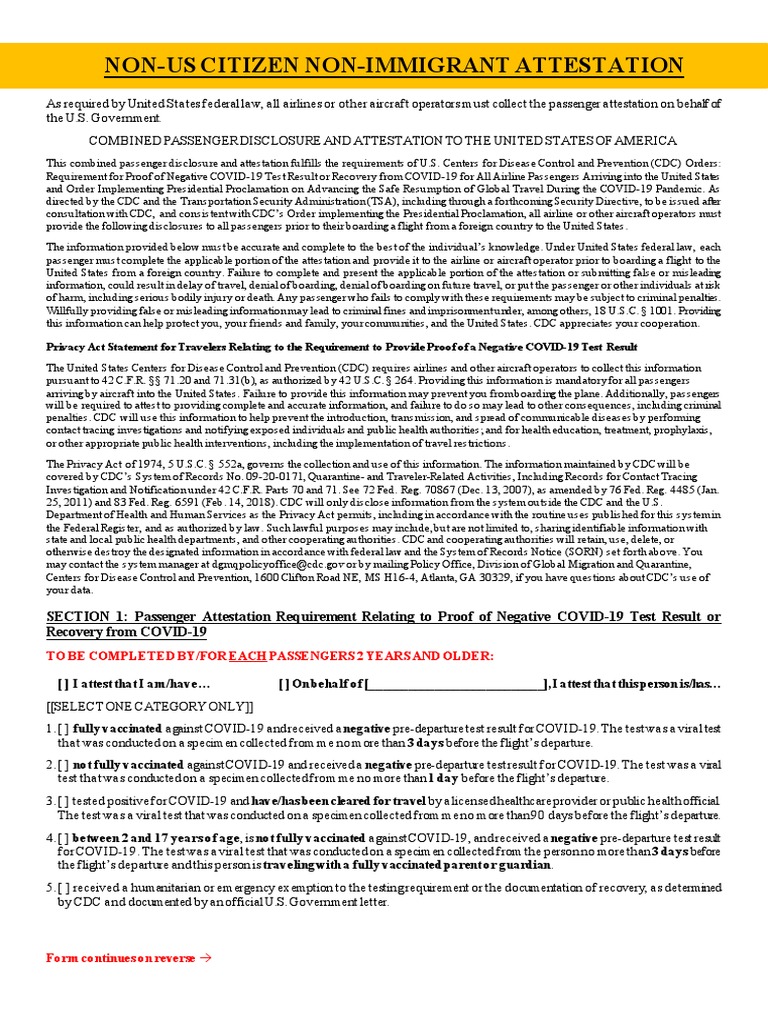 US CDC Attestation 8NOV Non US Citizen Nonimmigrant DAL A4 PDF