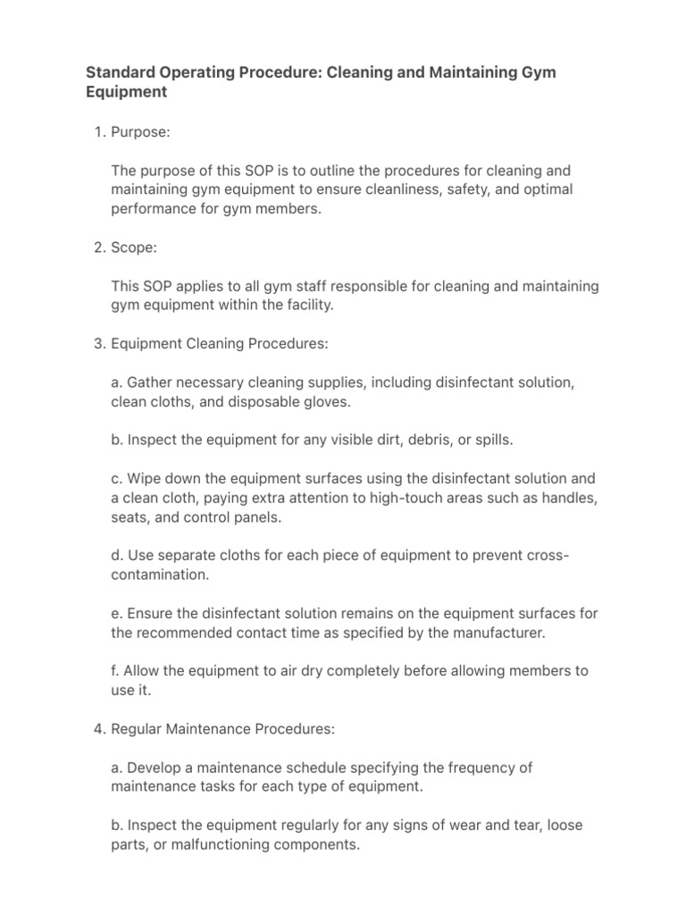 Gym Equipment Cleaning & Maintenance SOP | PDF | Wear | Safety