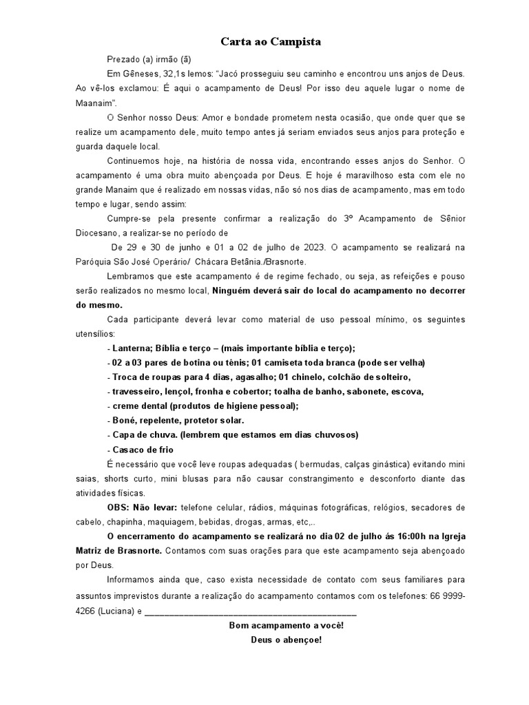 Carta para Campistas do Acampamento Sênior | PDF