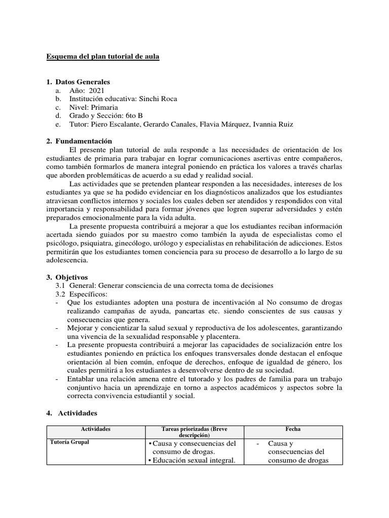 Esquema de Plan Tutorial de Aula | PDF | Infección transmitida ...