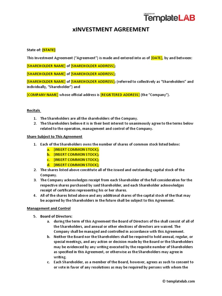 Investment Agreement for Shareholders | PDF | Liquidation | Trade Secret