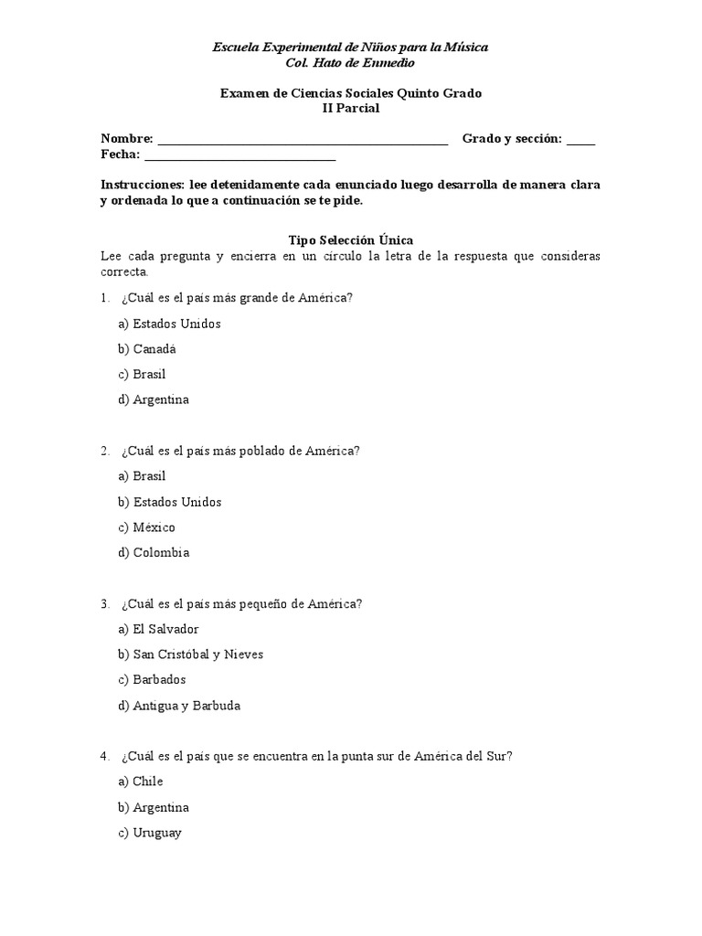 Examen de Ciencias Sociales 5to Grado | PDF